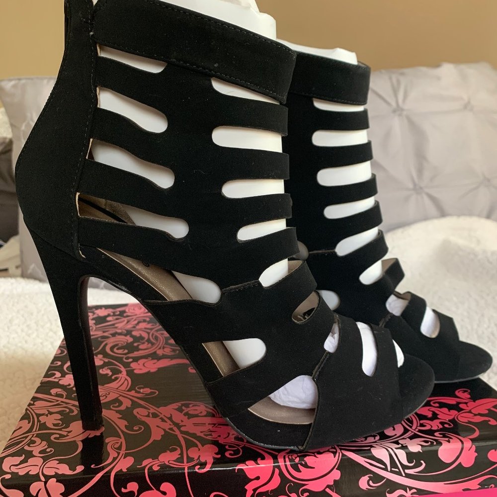 Qupid Black Caged Peep Toe Bootie